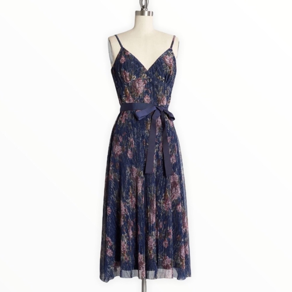 Navy Floral Shimmer Dress—Missing Belt, Size 4
